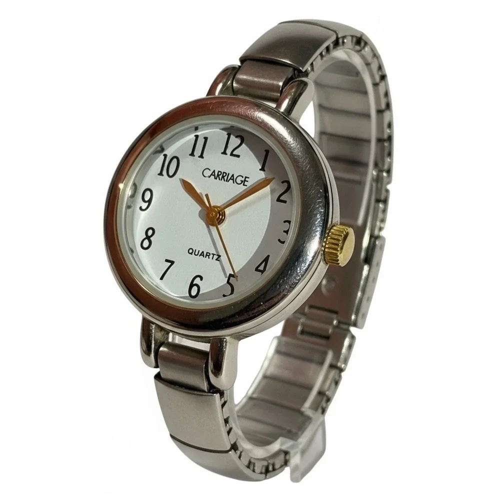 Carriage by Timex‎ Ladies Quartz Wrist Watch Silver Tone Band Retro Style